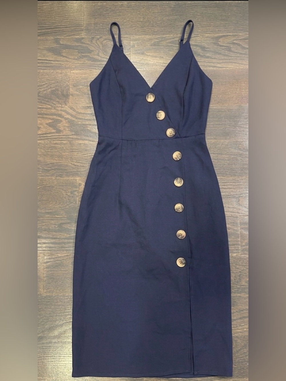 Navy Button-Front V-Neck Women's Dress